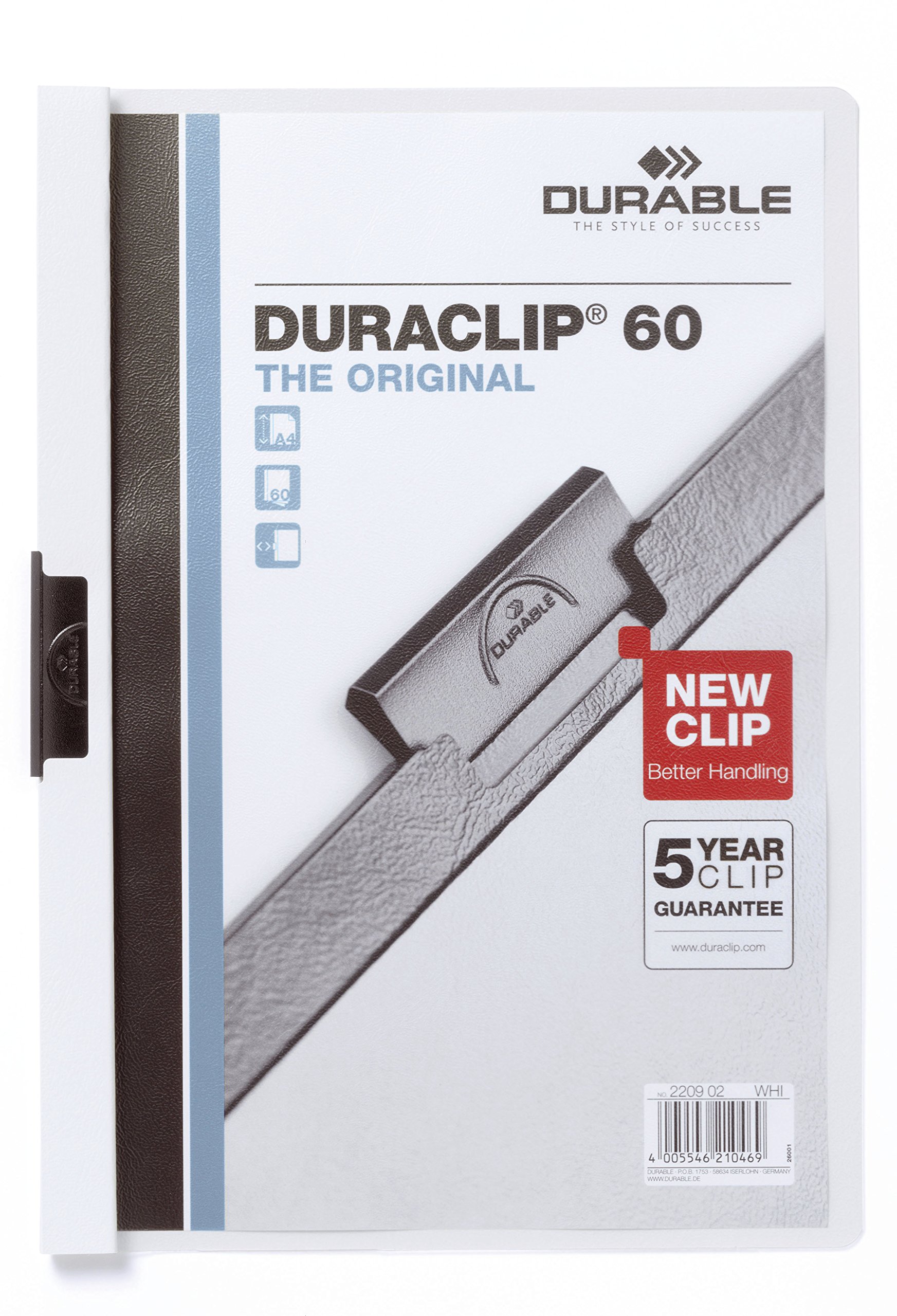 DURACLIP 60 A4 Clip Folder - Holds up to 60 Sheets of A4 Paper - Robust Metal Sprung Clip - Pack of 5 White Folders