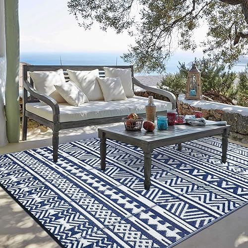 Enyhom Indoor Outdoor Reversible Area Rug, Plastic Straw Rug RV Patio Mat Camping Rugs, Large Floor Mat and Rug for Outside Backyard, Deck, Picnic, Beach, Trailer, Hiking (Blue, 150 x 240 cm)