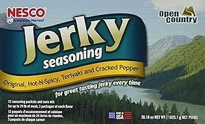 NESCO BJV-25, Jerky Seasoning Original, Hot-N-Spicy, Teriyaki, and Cracked Pepper Flavors, 12 count