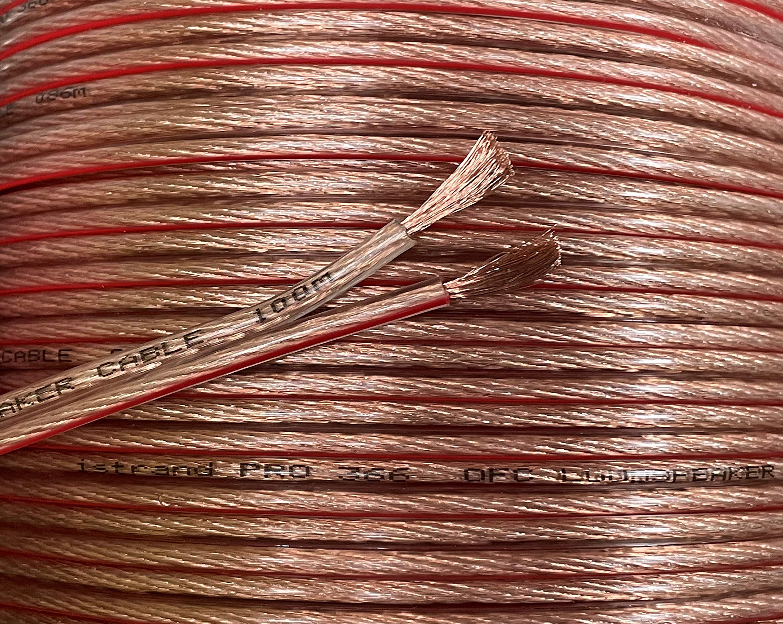 iStrand Premium 14 AWG 2 x 183 Strand OFC Speaker Cable/Wire - Clear Transparent Outer Jacket with Red Polarity Marker – Outer Dimensions of Cable 8mm x 4mm (50m, 14 AWG)