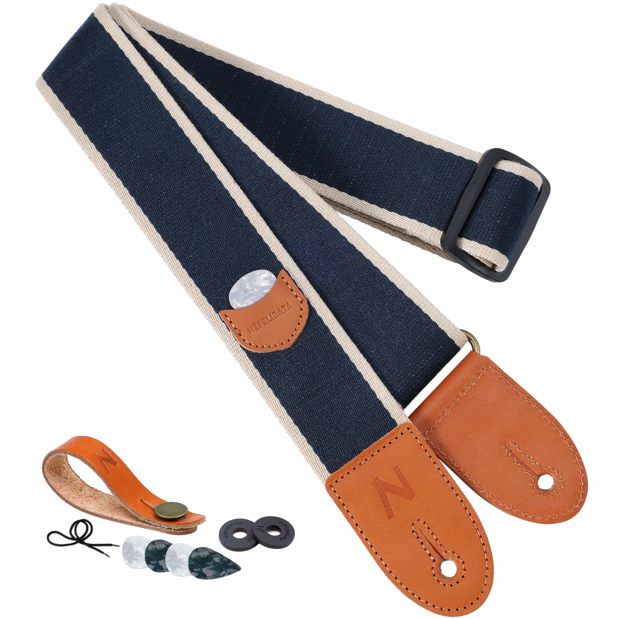 Nefelibata Guitar Strap, Cotton Full Grain Leather Ends Guitar Straps with Pick Pocket for Bass, Electric & Acoustic Guitar, Come with Strap Button, 1 Pair Strap Locks and 4 Guitar Picks