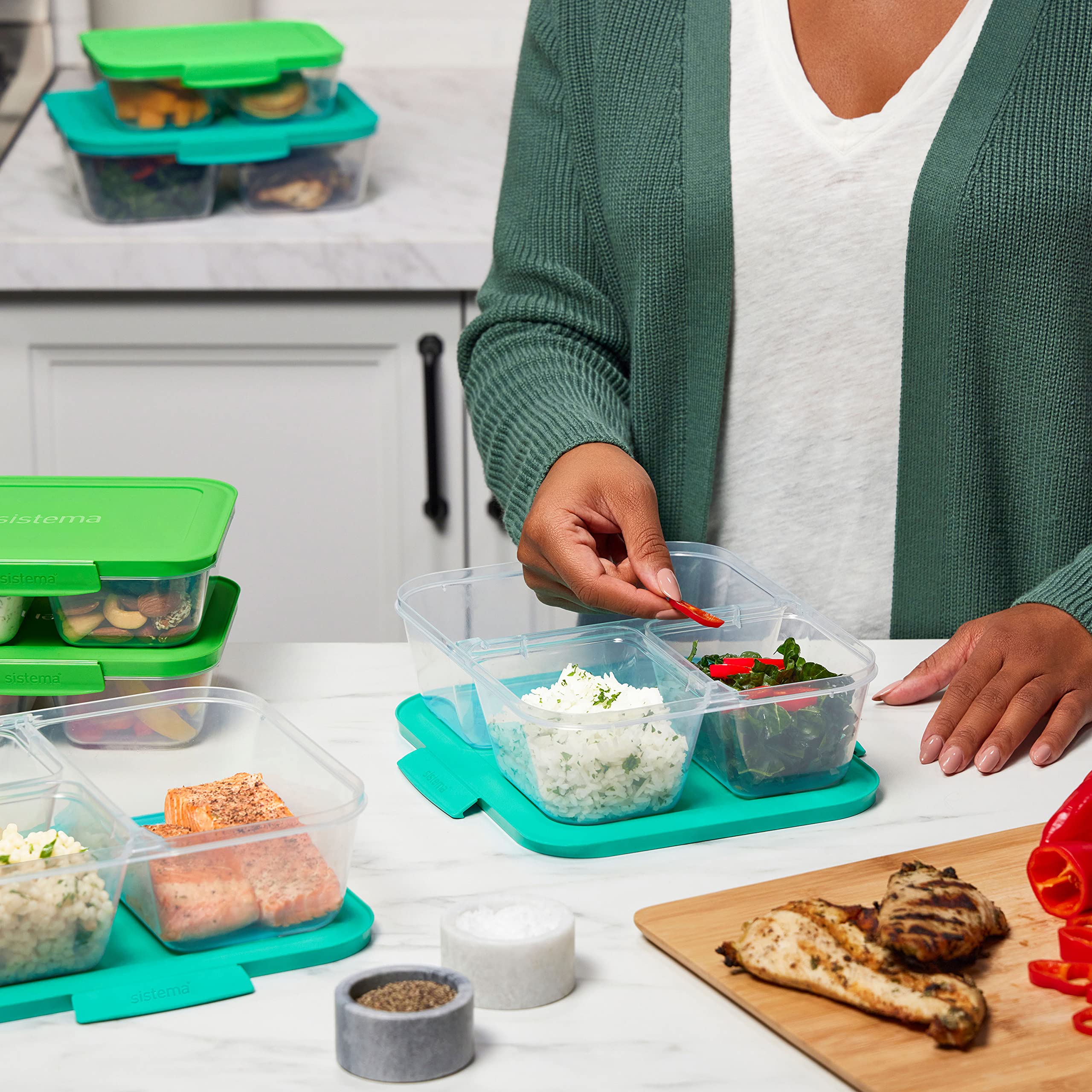 Sistema Nest IT Frischhaltedosen Meal Prep Boxen | 1,9 l luftdichte Vorratsdosen mit DREI Fächern und Deckeln | Grün | 5 Stück 7