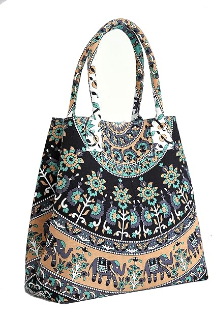 HANDICRAFT-PALACE Cotton Fabric Tote Bag Womens Fashion Hobo Elephant Mandala Printed Shoulder Bag (Multi Color)