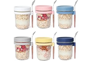HPLYEL 6 Packs 16OZ Overnight Oats Containers with Lids and Spoons, Overnight Oatmeal Jars Glass Food Storage Airtight Leak P
