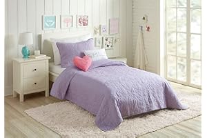 URBAN PLAYGROUND Solid Lavender Purple Hearts Kids Girls Cotton 4-Pc Quilt Set (Includes 2 Pillows) - Twin Size