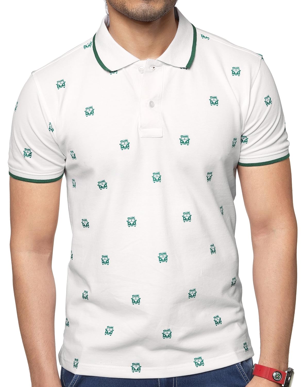 zeyo classic polo t shirts for men with collar printed regular fit white half sleeve