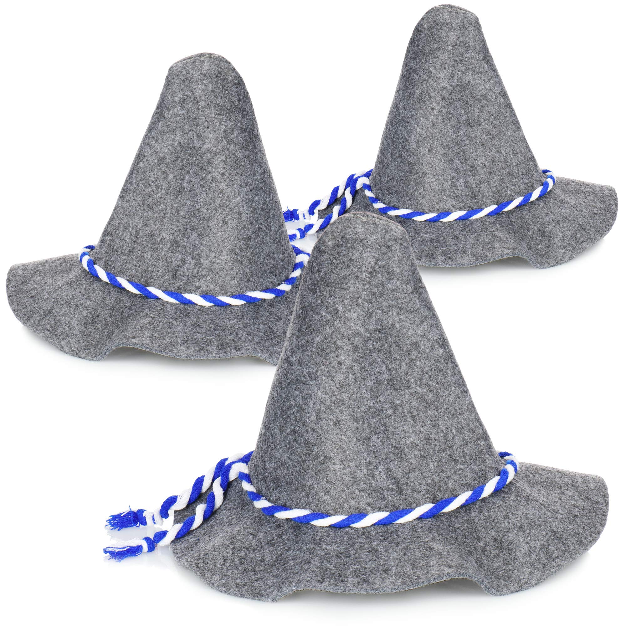 com-four® 3x Seppelhut, traditional felt hat for Oktoberfest, Carnival or Mardi Gras, large traditional hat made of felt with a blue/white cord (03 pieces - large Seppelhut)