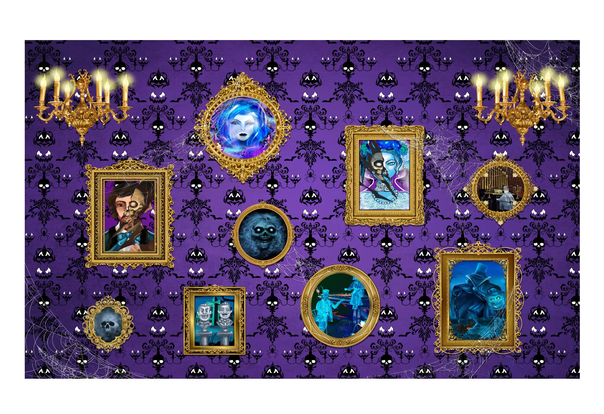 Photo 1 of Allenjoy Halloween Purple Haunted House Photo Frame Backdrop for Magic Wall Spooky Ghost Spider Web Baby Shower Birthday Costume Party Supplies Decoration Banner Photo Booth Props Background