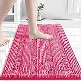 Grandaily Chenille Striped Bathroom Rugs 30x20, Extra Thick and Absorbent Bath Mats, Non-Slip Soft Plush Shaggy Shower Carpet, Machine Wash Dry, Bath Rug for Bathroom, (Medium, Hot Pink)