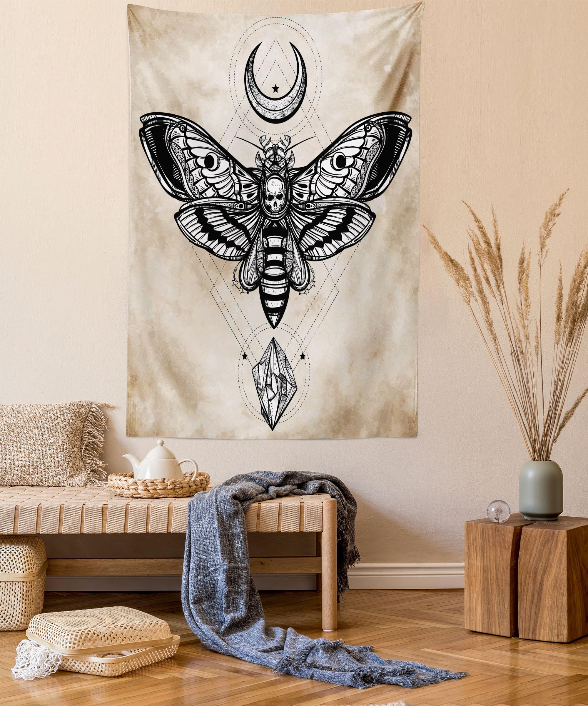 ABAKUHAUS Fantasy Tapestry, Dead Head Hawk Moth Luna and Stone Magic Skull Illustration, Fabric Wall Hanging Decor for Bedroom Living Room Dorm, 40 W X 60 L, White Black Cream