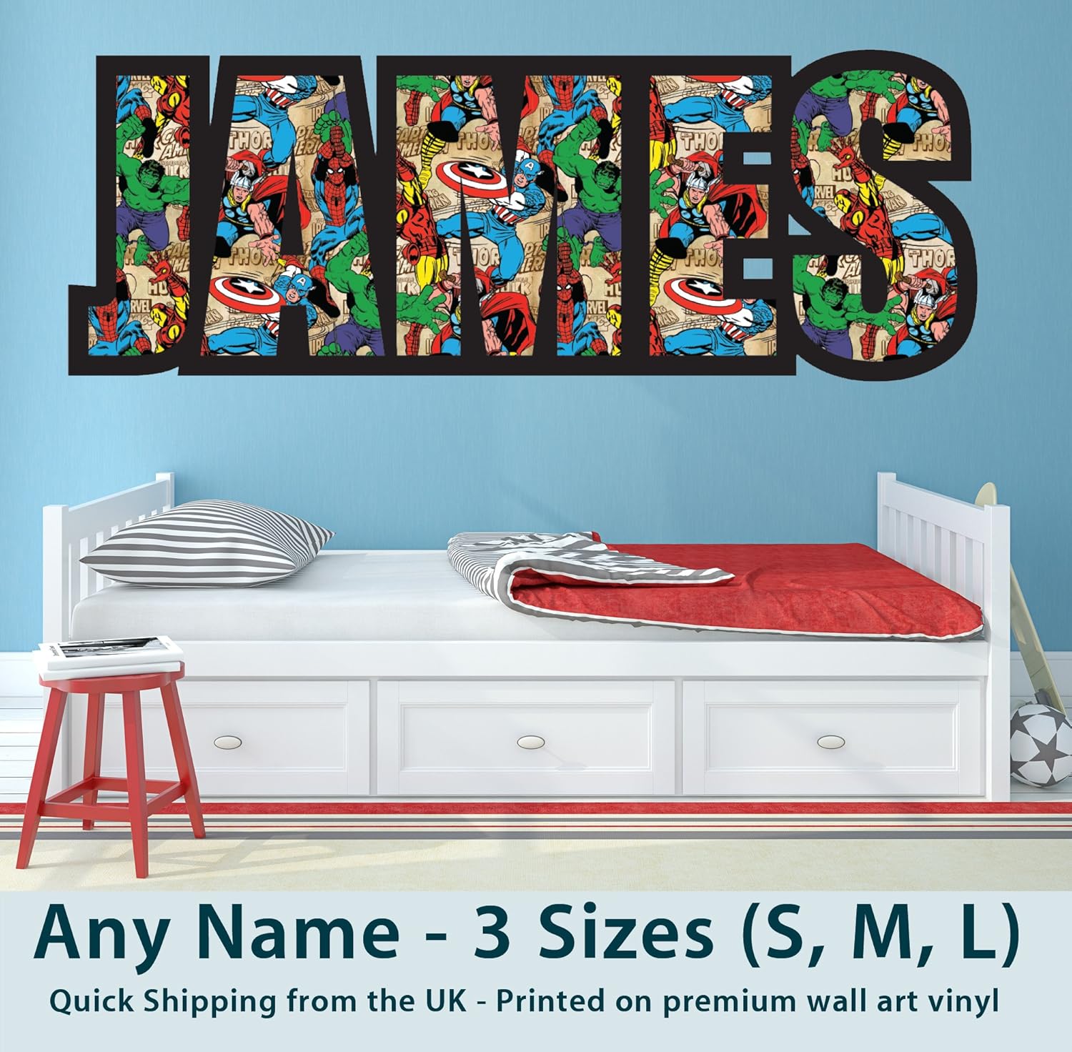 Childrens Name Wall Stickers For Boys Girls Kids Bedroom Any Name In Marvel Avengers Superhero Captain America Spiderman Thor Hulk Design Wall