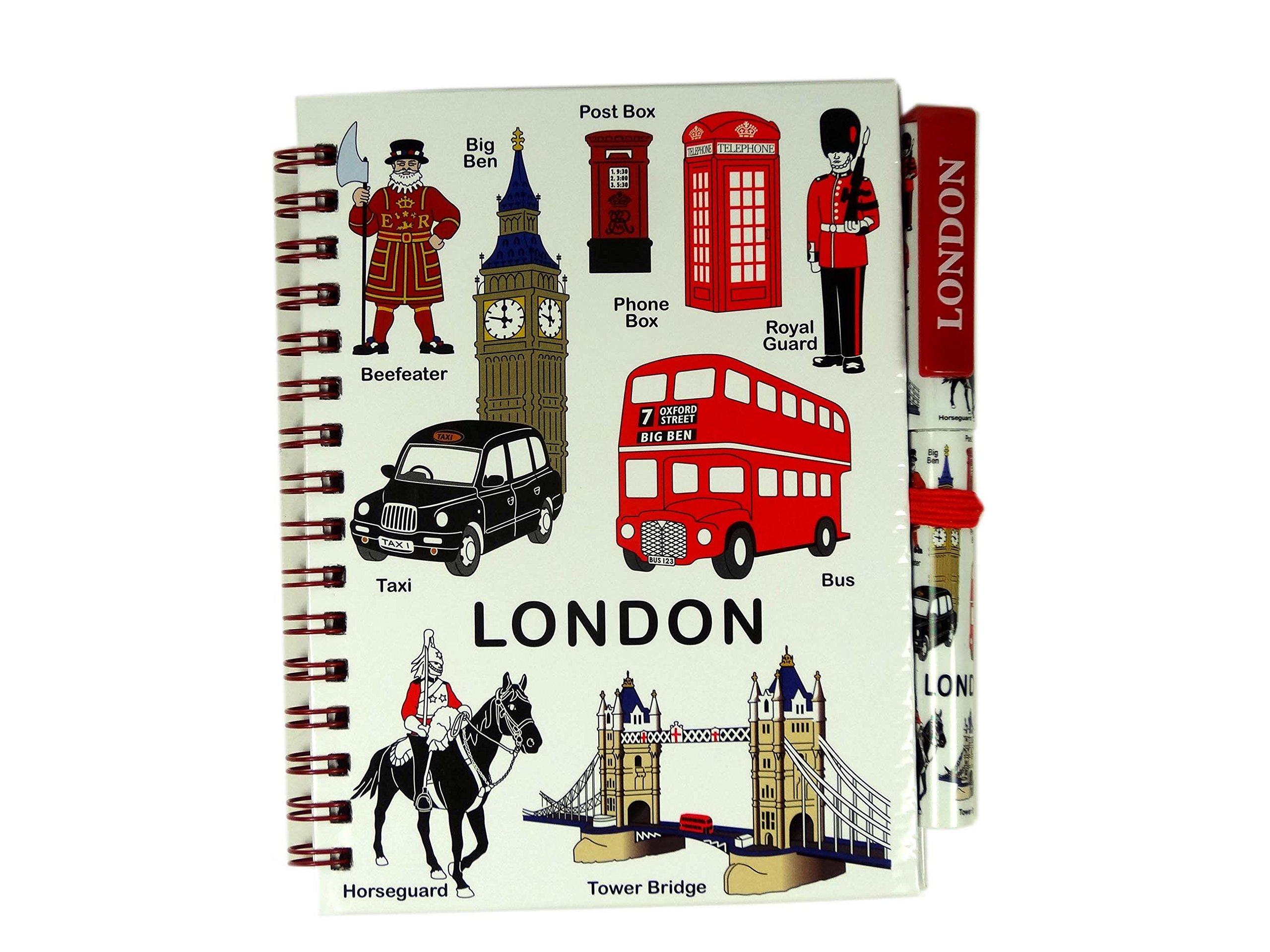 Medium Notebook and Matching Pen Set with London Everything Design Print - London Souvenir Note Pad with images on the front of the notebook and on the Pen of a Bus, Taxi, Royal Guard, Tower Bridge, Big Ben, Telephone Box, Post Box and a Beefeater