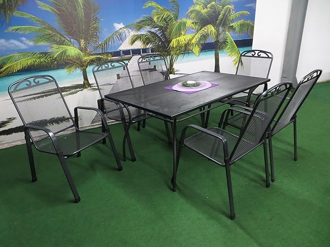 7-teilige Luxus Streckmetall Gartenmöbelgruppe von MFG und RRR, Stapelsessel und Gartentisch 150x90 anthrazit, P22