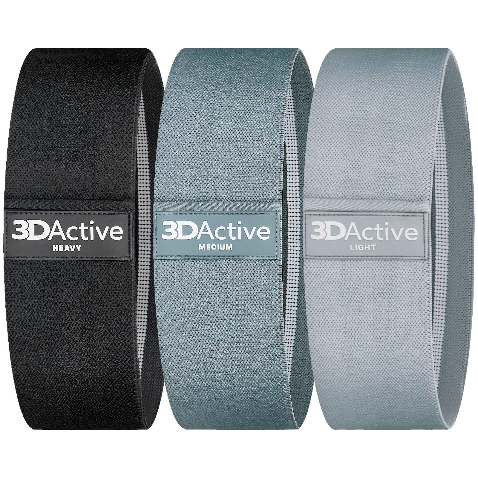 3DActive Fabric Resistance Bands for Legs. Wide Non-Slip Hip Band Set for Home and Gym Workouts. Exercise Guide and Carry Bag Included (Black, Dark Grey, Light Grey).
