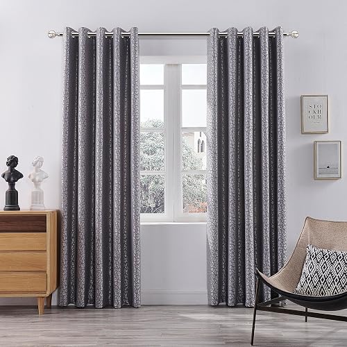 Coastline Leopard Jacquard Full Lined Eyelet Curtains Readymade Window Treatments Blinds 2 Panels (Grey, W66 xD90)