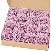 BLEUM CADE 16Pcs Artificial Flowers Fake Roses with Stems, Pink Glitter Boxed Foam Roses for DIY Bouquets Centerpieces Wedding Party Arrangement Bridal Shower Decor