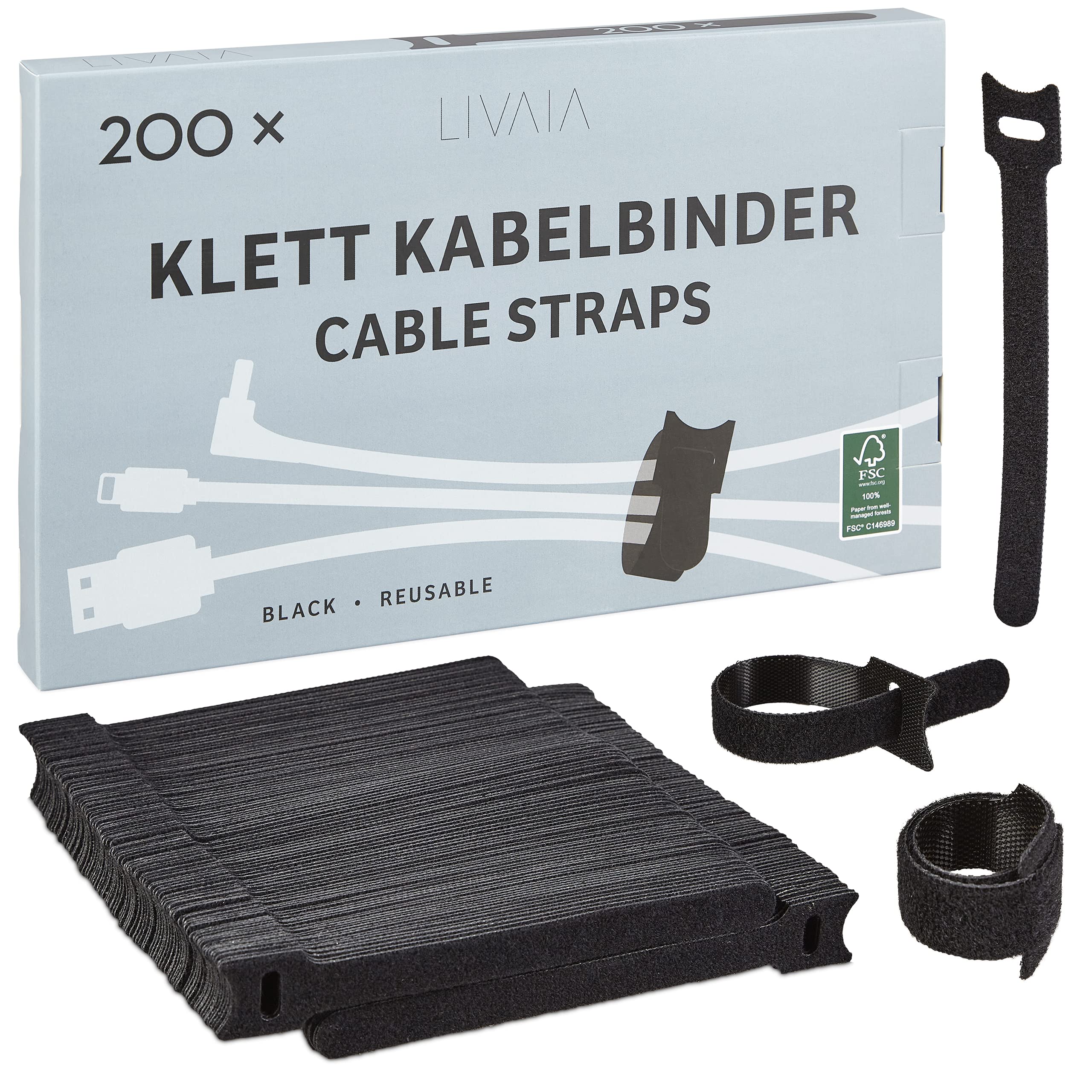 LIVAIA Reusable Black Hook and Loop Cable Ties: 200 x 6in - Heavy Duty, Durable - Ideal for Desk Cable Management