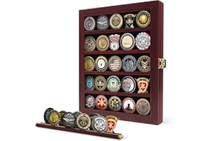 flybold Challenge Coin Display Case Challenge Coin Holder Coin Box Military Coin Display Case 92% Clear Antitheft Twin Slot Coin Rack fits 45 Military Medals Poker Chip for Collectors Mahogany Frame