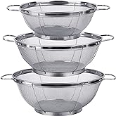 3 Pack 18/8 Stainless Steel Colander Sieves(5-Quart, 4-Quart and 3-Quart), Mesh Strainer Net Baskets with Handles & Resting B