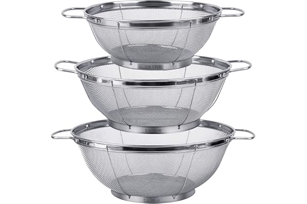 3 Pack 18/8 Stainless Steel Colander Sieves(5-Quart, 4-Quart and 3-Quart), Mesh Strainer Net Baskets with Handles & Resting B