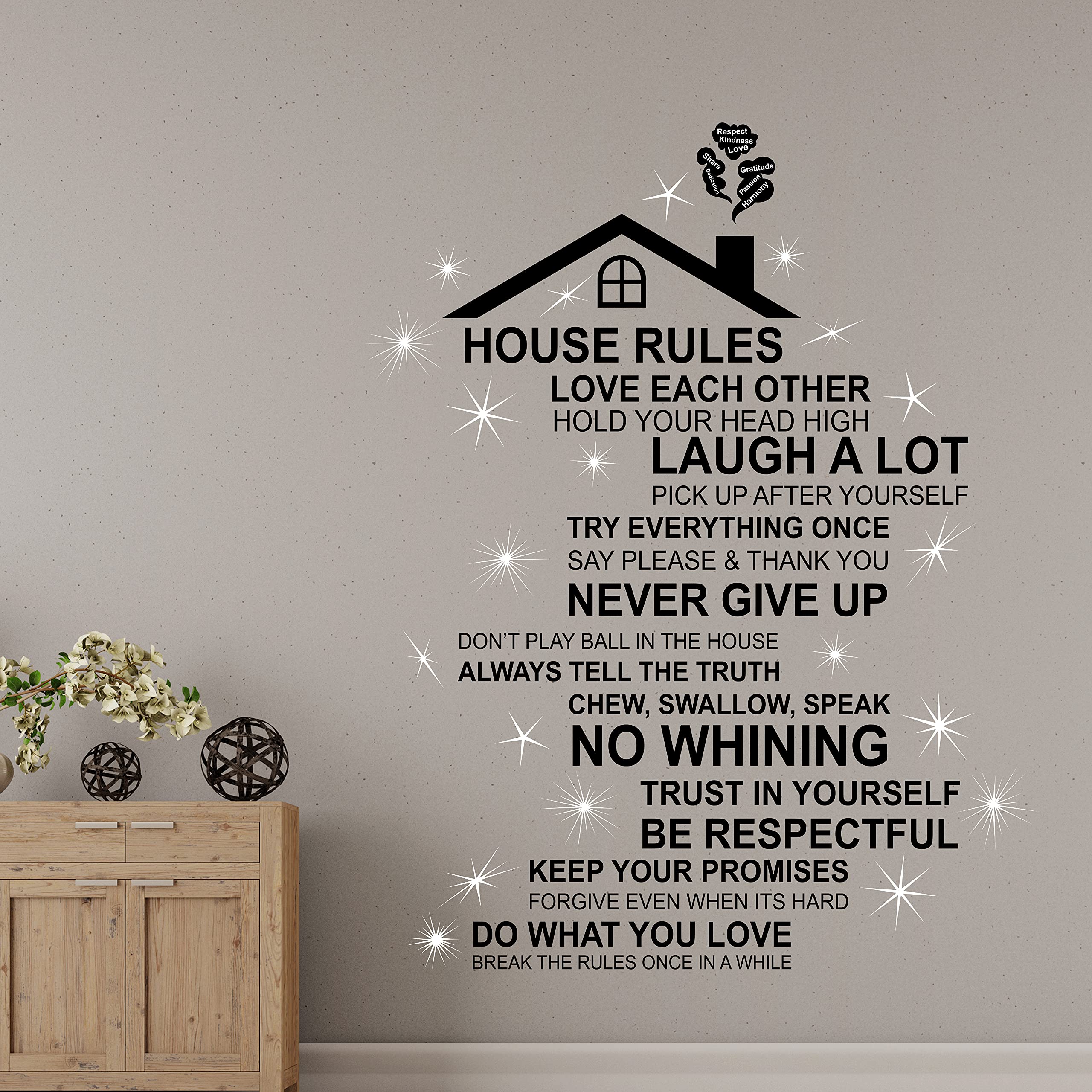 WALPLUS 60x120cm Wall Stickers 20pcs 3.8x3.8x1.4mm Swarovski Crystals +House Rules Motivation Inspiration Family Quote Mural Art Removable Self-Adhesive Decals Vinyl Nursury Living Room De Decors