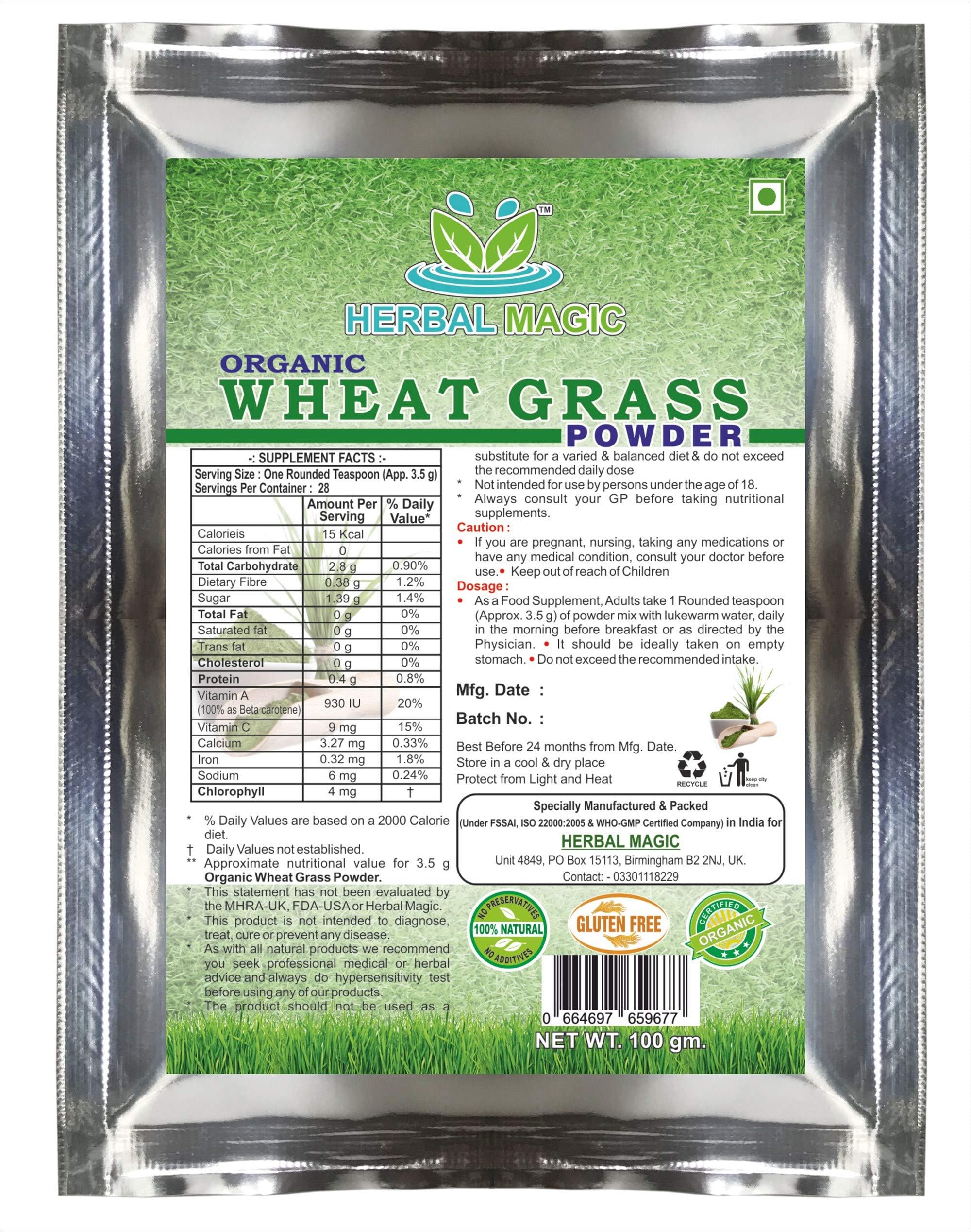 Herbal Magic’s 100% Pure and Natural Wheatgrass Powder, Premium Quality, Superfood for Smoothies-100g