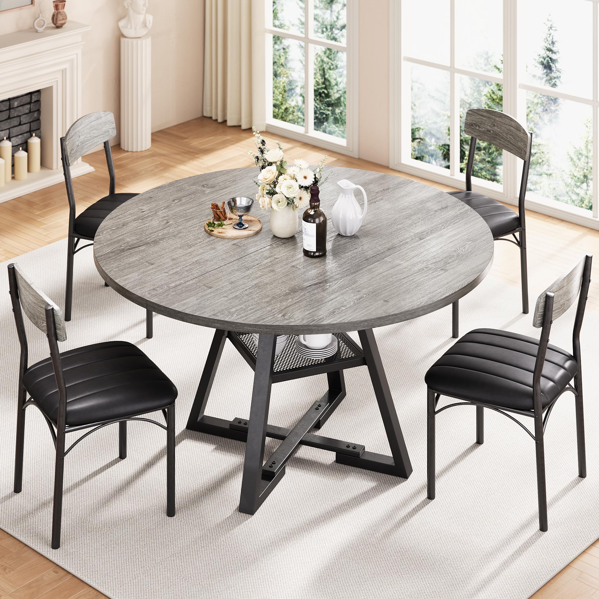 Photo 1 of 51” Round Dining Table Set for 6, Kitchen Table and Chairs for 4, Circle Table Round Pedestal Dining Room Dinner Dinette Table Set,5 Piece Space Saving Wood Kitchen & Dining Room Tables (Grey, 51In)