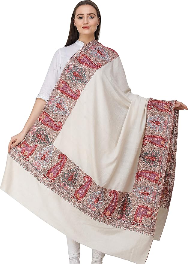 Exotic India Pearled-Ivory Pashmina Shawl from Kashmir with Sozni Ha - Off White at Amazon Women 