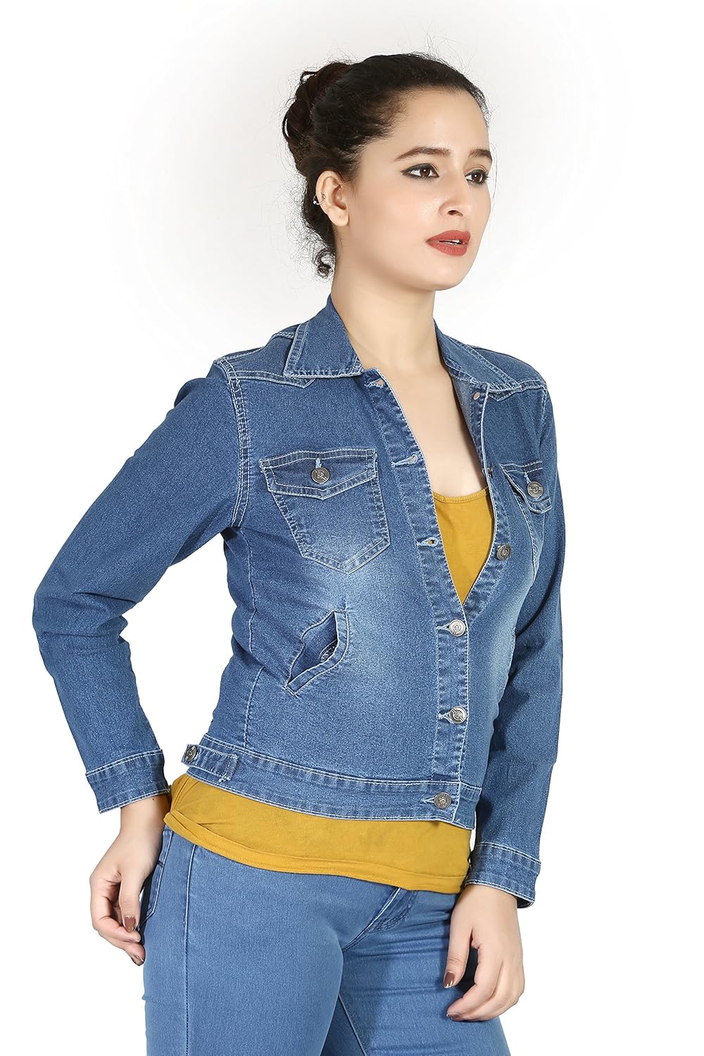 fck-3 women's stylish full sleeves stretchable denim jacket