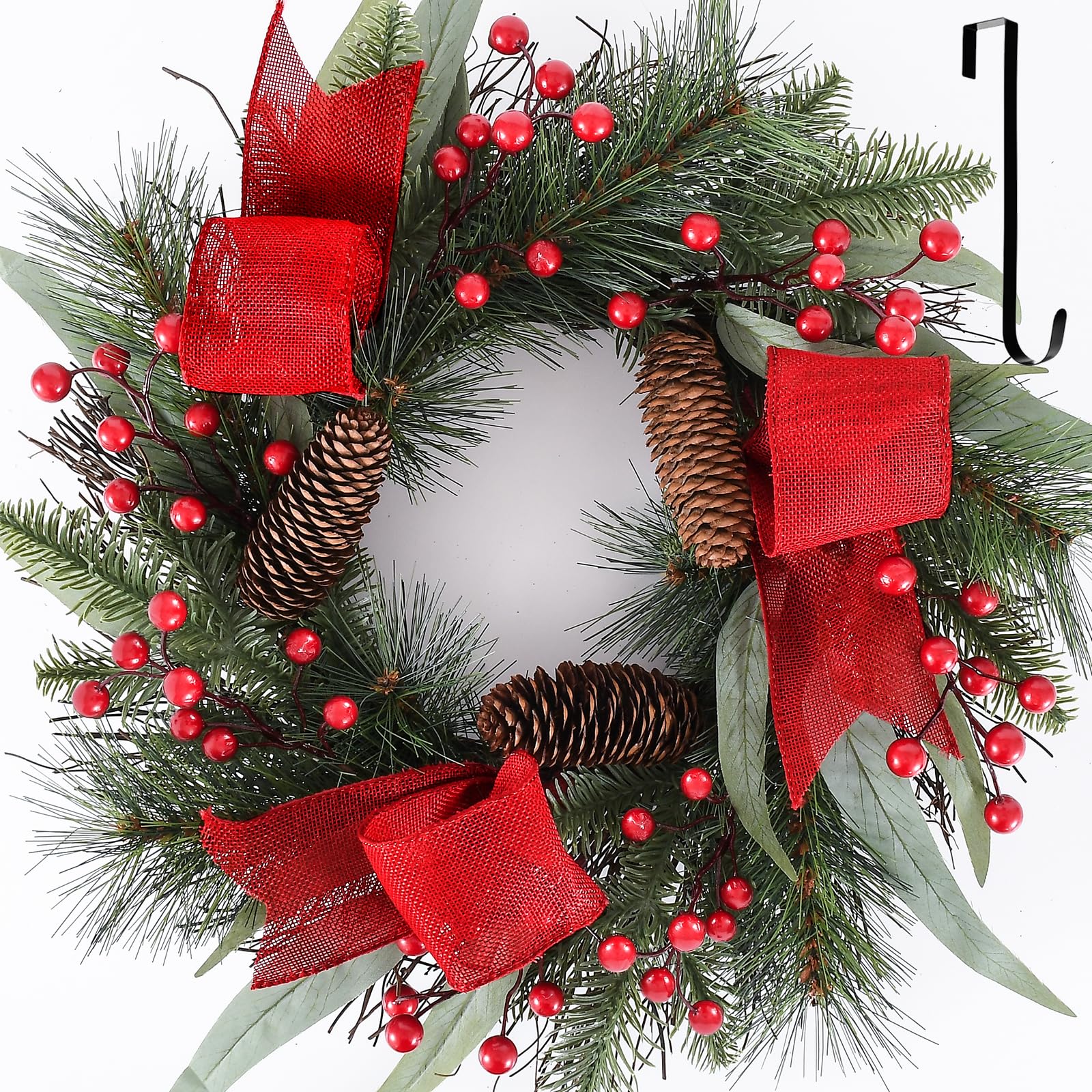 Photo 1 of 24 Inch Christmas Wreaths for Front Door,Winter Wreaths for Indoor and Outdoor Xmas Decorations,Christmas Door Wreath with Red Christmas Ribbon, Pine Cones for Decor
