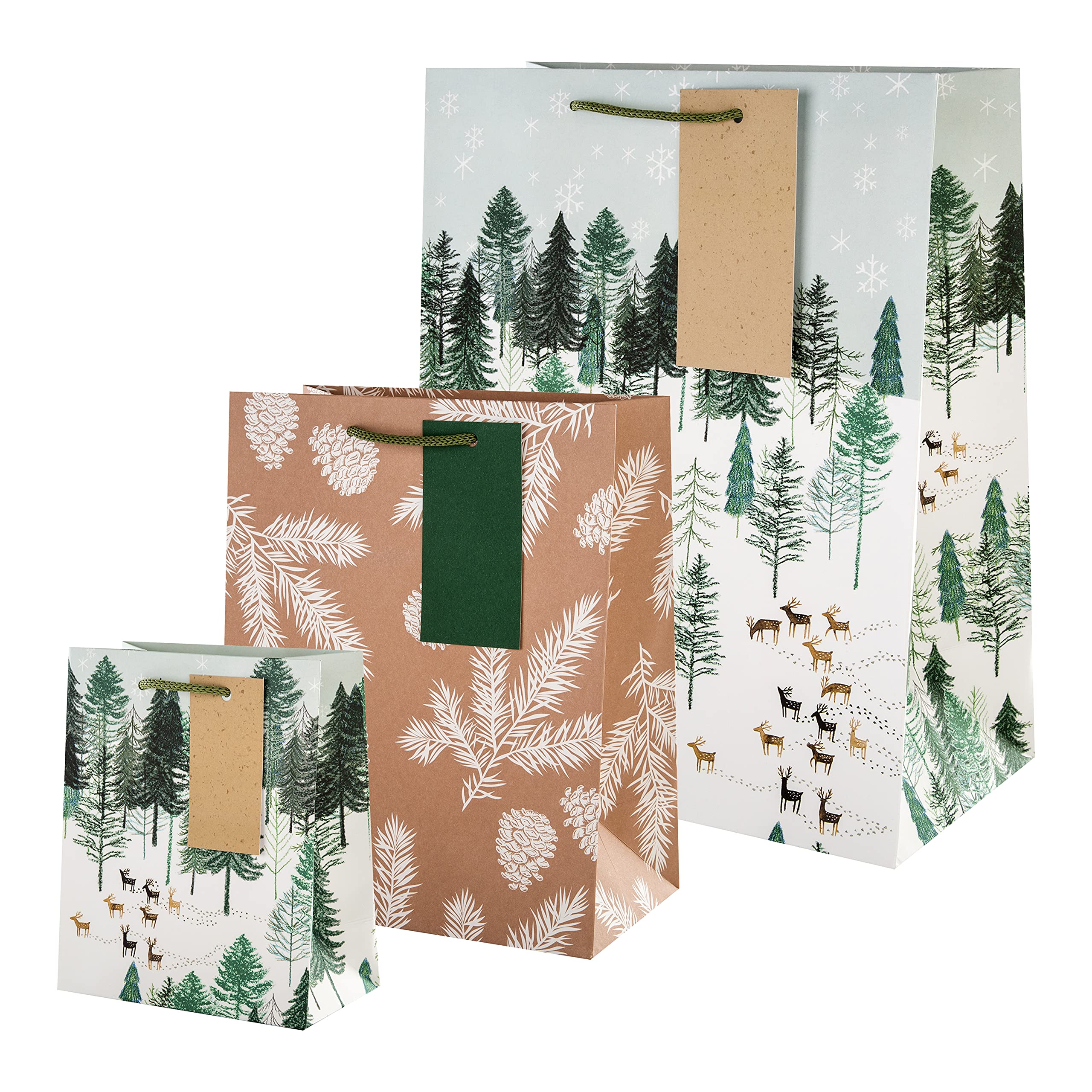 Hallmark Gift Bag Pack of 3, 3 Festive Designs, Christmas, Winter Wonderland, Stags, Deer, Brown Kraft