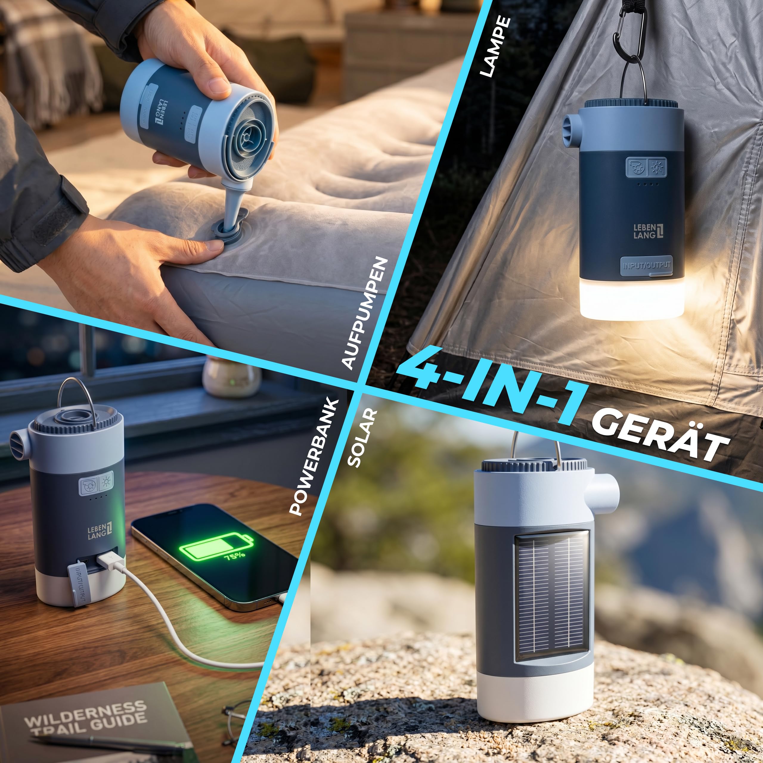 LEBENLANG 3 in 1 Elektro Luftpumpe Akku - 4,5kPa & 4000mAh mit Solarpanel 2