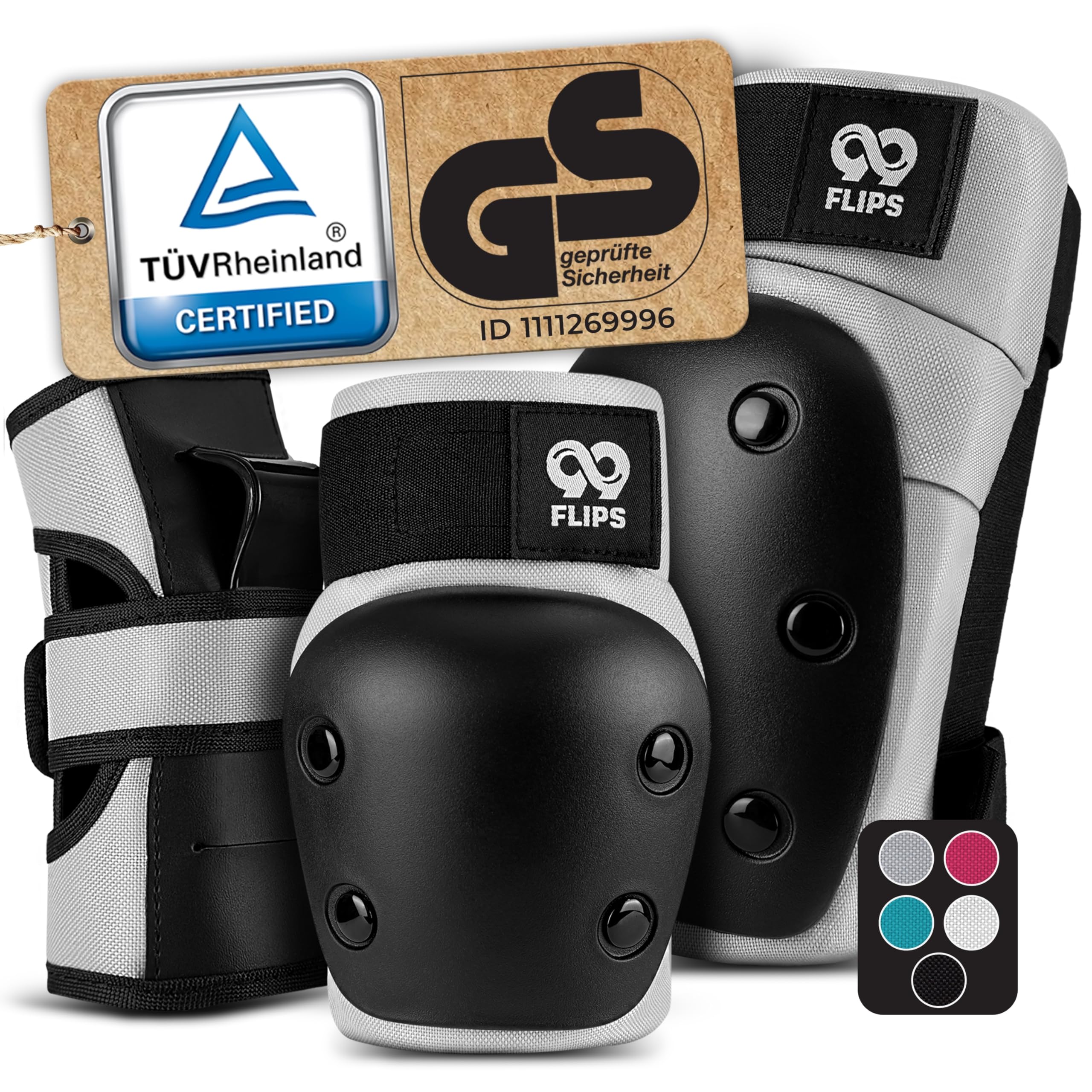 99FLIPS Knee and Elbow Pads Adult - incl. Wrist Guards - Skating Protective Gear Adult - Size L in Grey - Skateboard, Scooter and Inline Skating