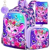 FTJCF 3Pcs Girls Backpack, 16" Kids Bookbag with Lunch Box,Leopard School Backpacks for Elementary Preschool Kindergarten (Purple)