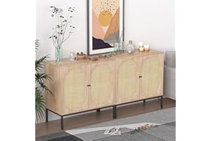 XIAO WEI Set of 2 Buffet Sideboard with Handmade Natural Rattan Doors, Rattan Cabinet Storage Cabinet Console Table Accent Cabinet, for Dining Room, Living Room, Kitchen, Natural
