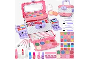 DPAI 54 Pcs Kids Makeup Kit for Girls, Princess Real Washable Pretend Play Cosmetic Set Toys with Mirror, Non-Toxic & Safe, Birthday Gifts for 3 4 5 6 7 8 9 10+Years Old Girls Kids (Pink White)