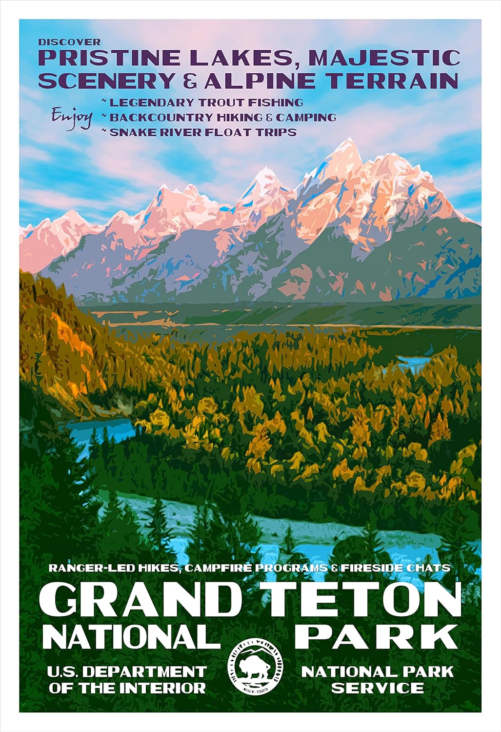 Wall Décor - National Park Posters Grand Teton National Park, Add Some Retro Flair To Your Home - Original Vintage National Park Decor Design by Robert B. Decker - 100% Recycled Material - Unframed - 13