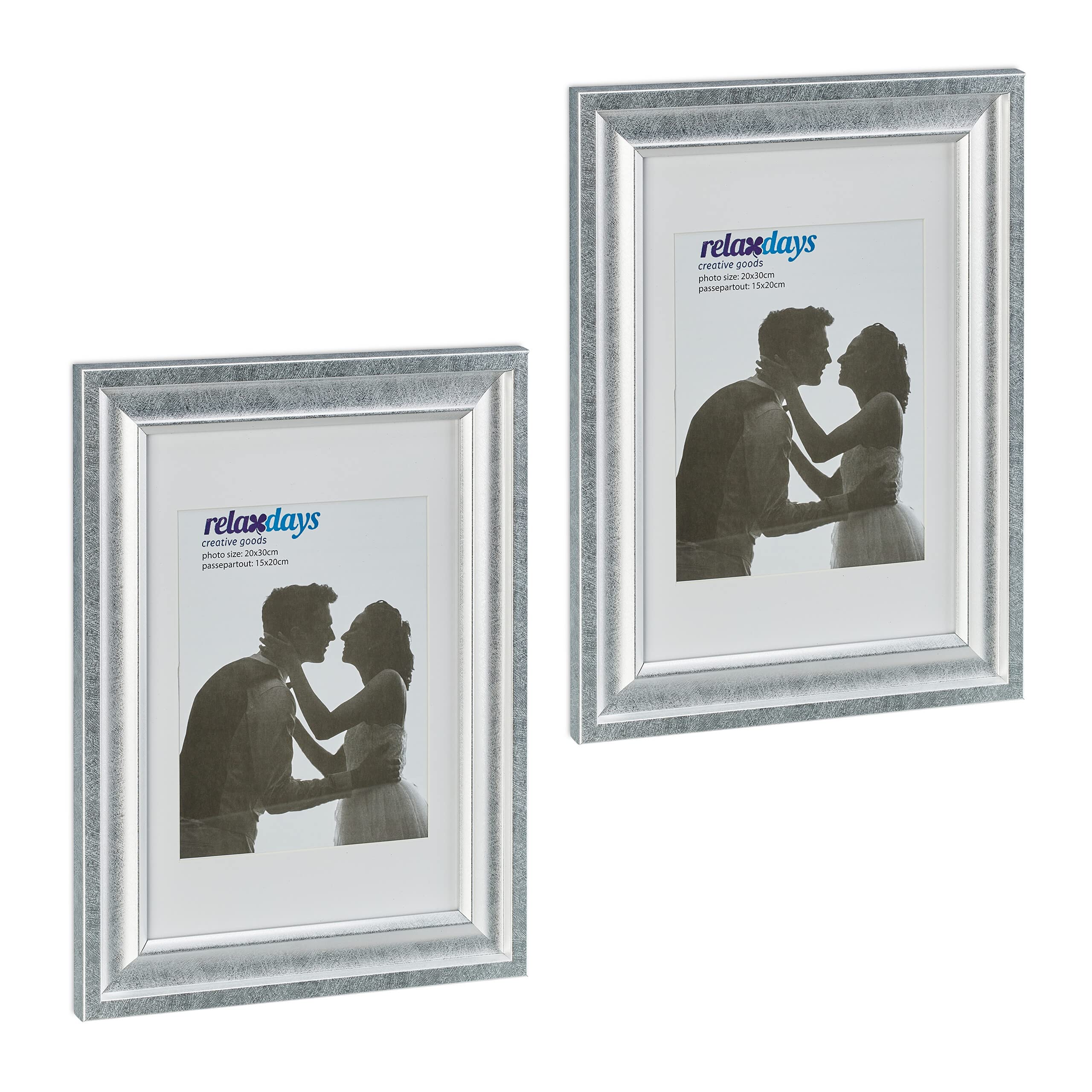 Relaxdays Set of 2 Picture Frames, 20x30cm, Portrait & Landscape, Tabletop or Hanging Photo Holder, Passepartout, Silver, 36.5 x 26.5 x 2 cm
