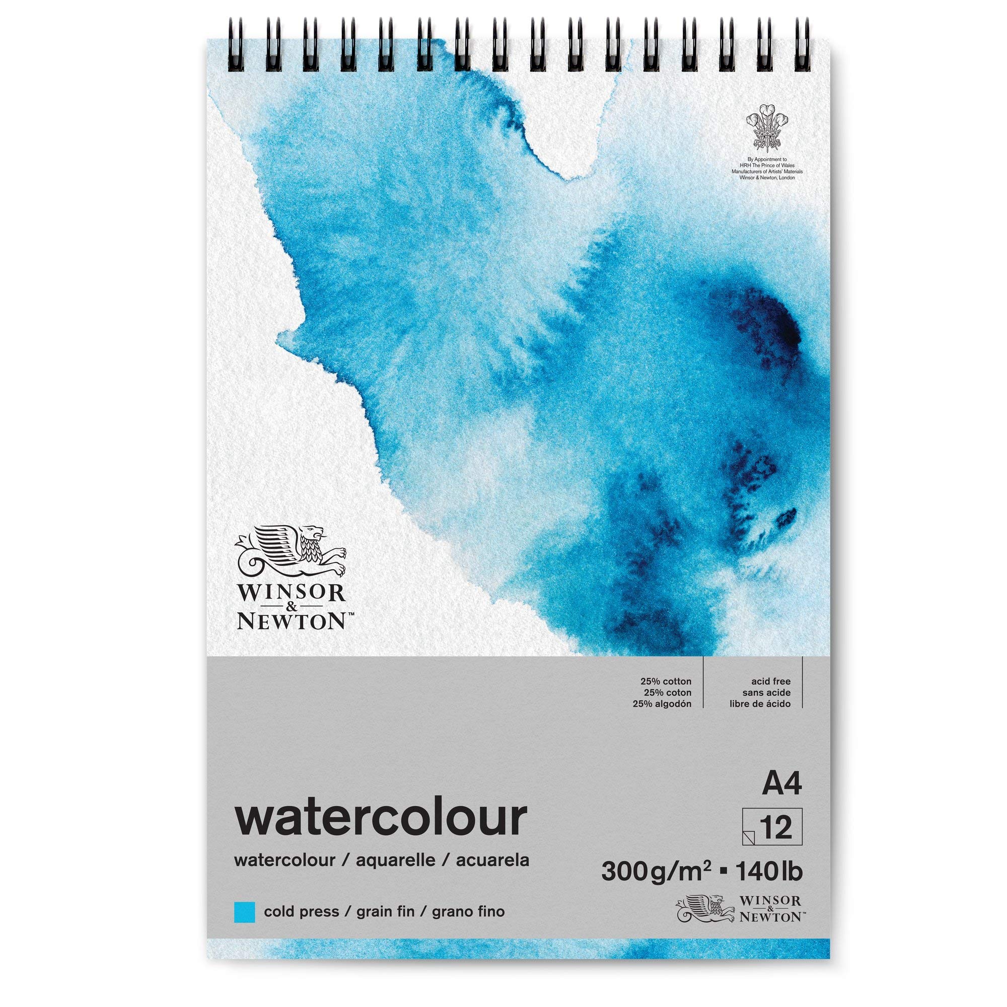 Winsor and Newton Watercolour Paper Pad, A4, 12 Sheets, 300 g/m, Spiral Bound, Cold Pressed, Acid , Mixture of 25 Percent Cotton and Cellulose Fibres, Natural White