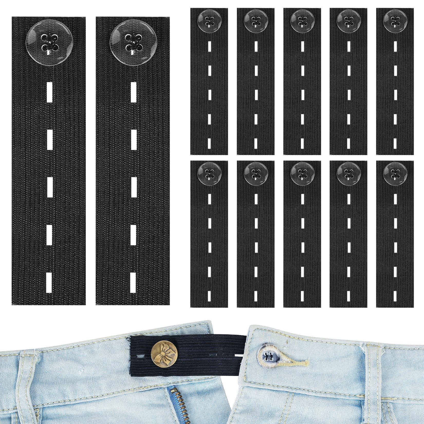 mauuuba 12 Pcs Adjustable Waist Extenders, Button Extender for Jeans, Elastic Waist Extenders, Elastic Button Extender, Pants Waist Extension for Trousers Jeans Slacks Maternity Pants (Black)