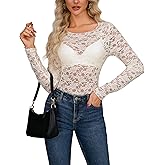 AISEW Womens Lace Floral Long Sleeve Mesh Tops Round Neck Sheer Blouse Sexy See Through Layering Top Shirts