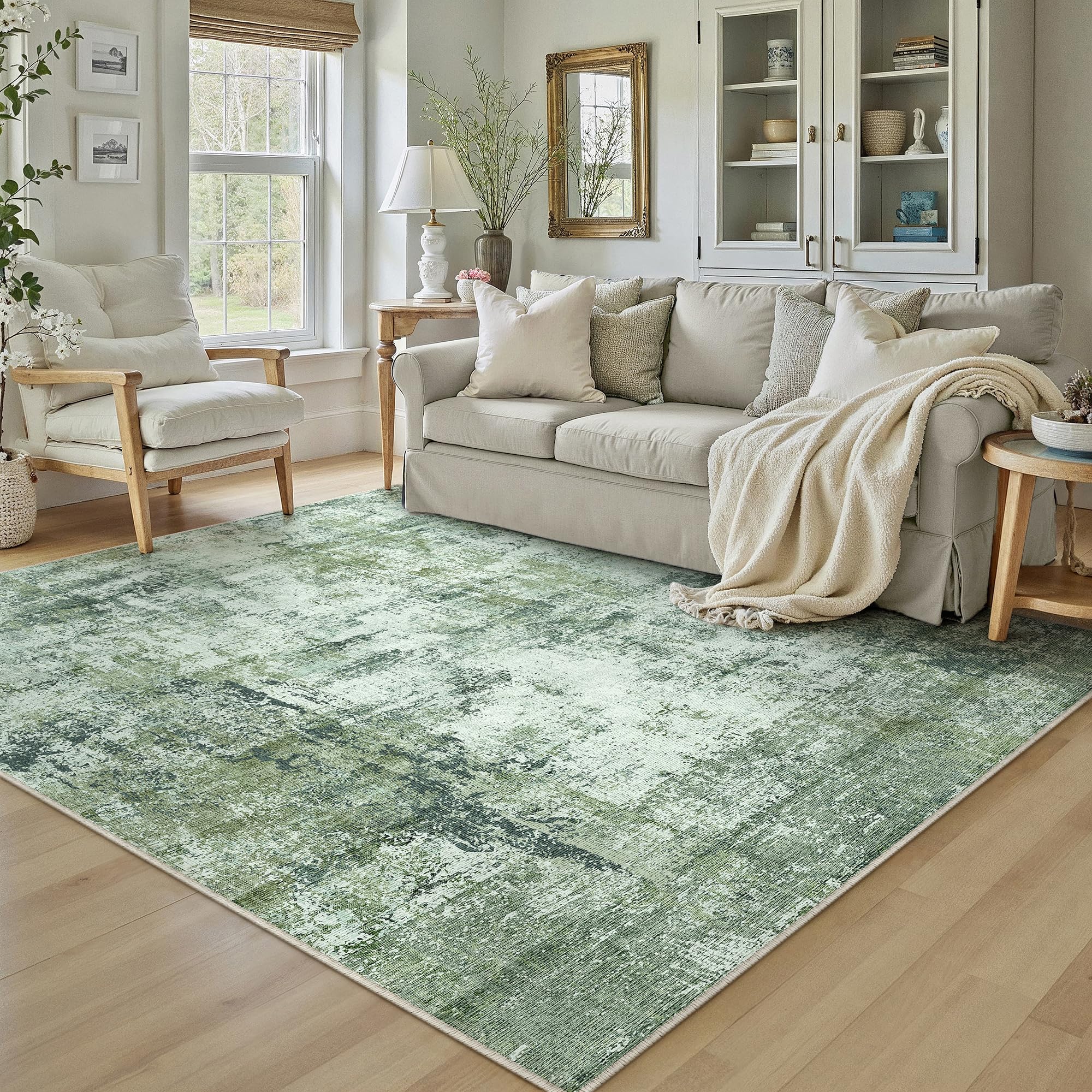 WondRg 5x7 Washable Area Rug Dark Green Abstract Living Room Bedroom Carpet Neutral Modern Non-Slip Soft Low Pile Lightweight Vacuumable Throw Rug for Dining Room Entryway Image WondRg 5x7 Washable Area Rug Dark Green Abstract Living Room Bedroom Carpet Neutral Modern Non-Slip Soft Low Pile Lightweight Vacuumable Throw Rug for Dining Room Entryway Image