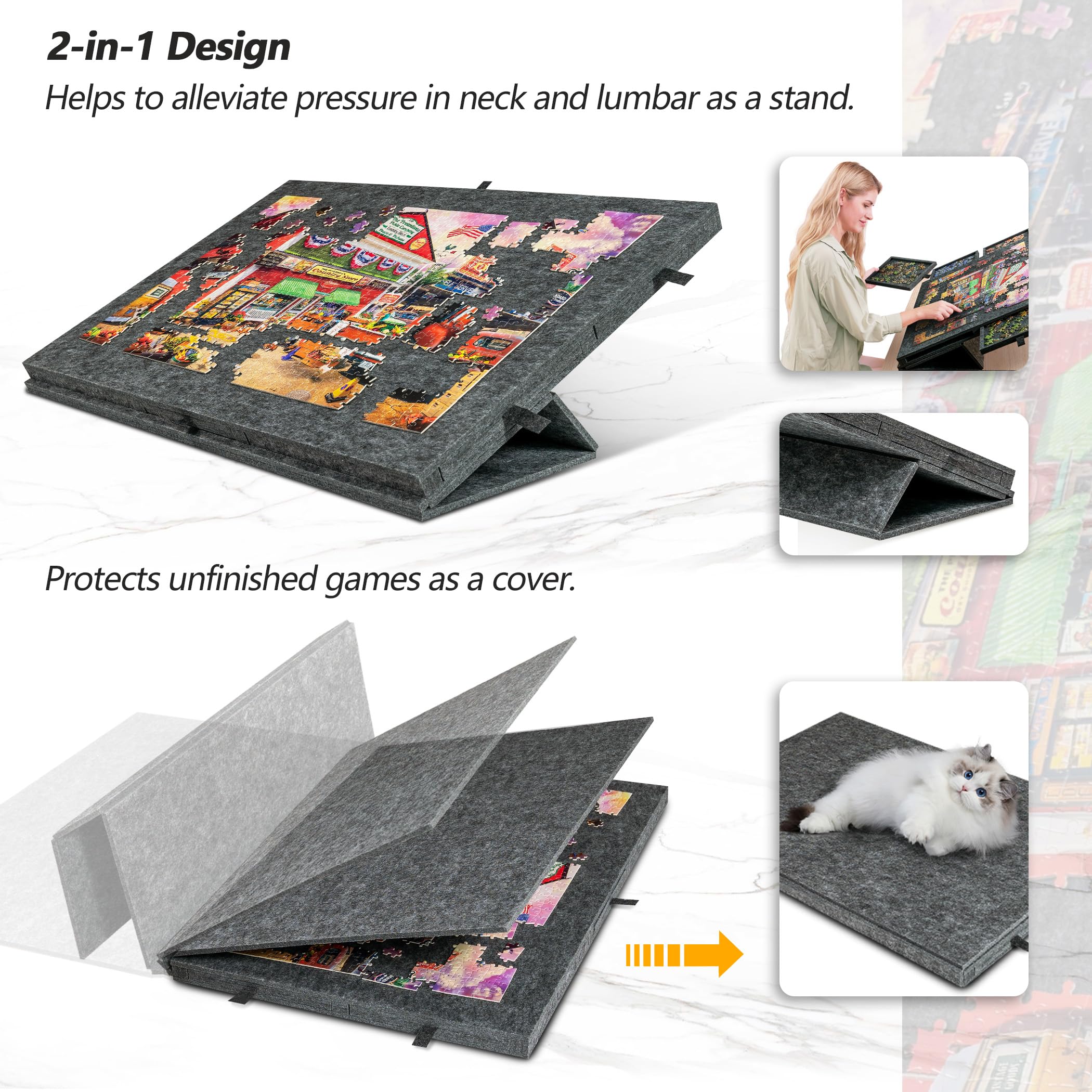 LAVIEVERT Tilting Puzzle Board with 2-in-1 Designed Stand & Cover, Super Lightweight Felt Plateau Storage with 6 Drawers for Adults, Portable Jigsaw Puzzle Table for Up to 1000 Pieces – Gray