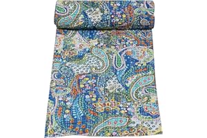 Marubhumi Indian Handmade Paisley Print Cotton Kantha Quilt (Blue, King (108"x 108"))