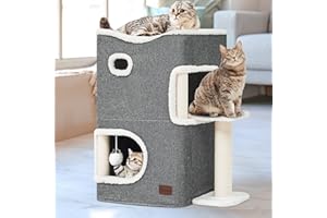 YITAHOME 2-Tier Cat House, Indoor Cat Cave Bed Playhouse, Cat Tunnels with Scratch Pad and Hideaway Cube, Cute Modern Cat Condo Furniture for Multi Small Cats, Extended (Grey)