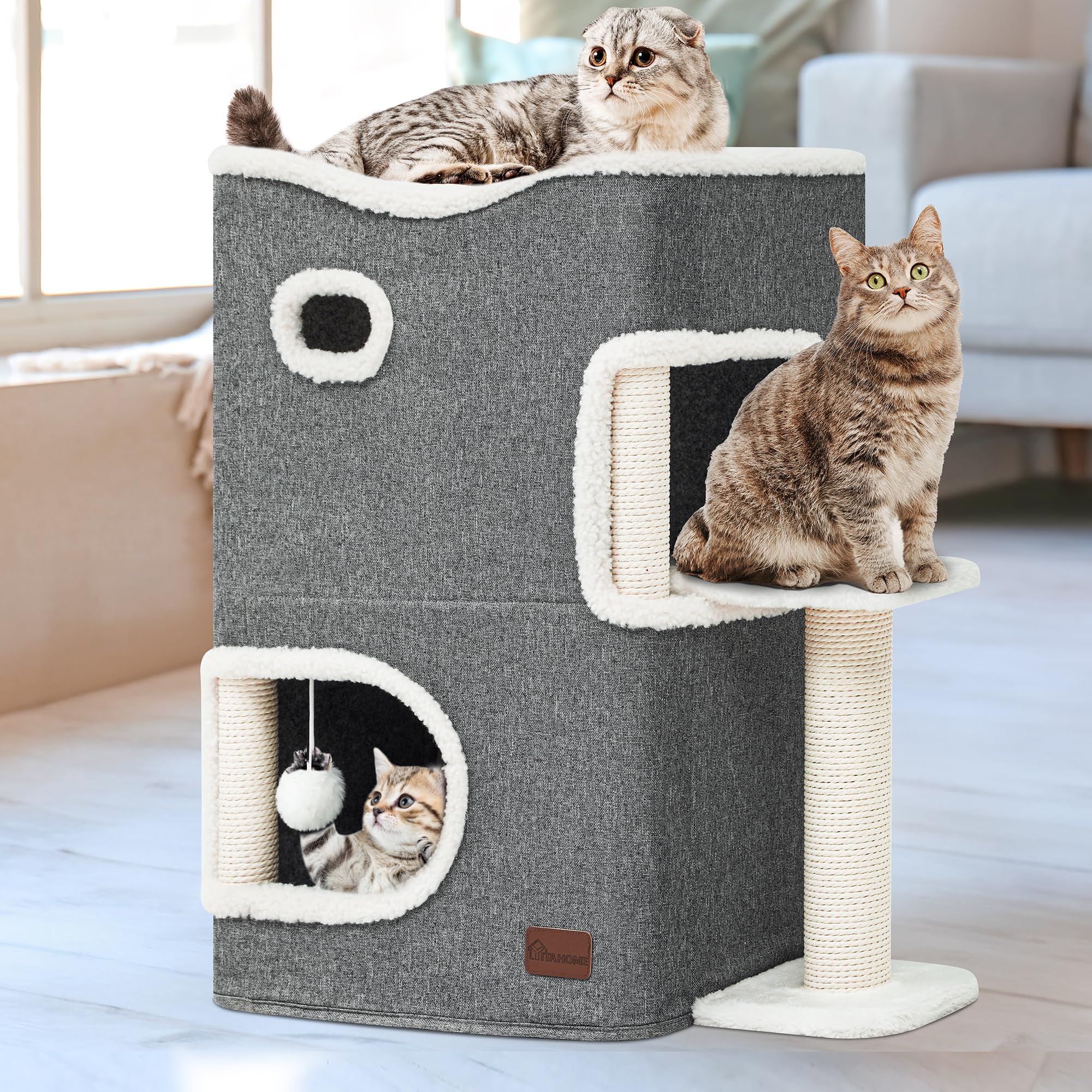 Photo 1 of YITAHOME 2-Tier Cat House, Indoor Cat Cave Bed Playhouse, Cat Tunnels with Scratch Pad and Hideaway Cube, Cute Modern Cat Condo Furniture for Multi Small Cats, Extended (Grey)