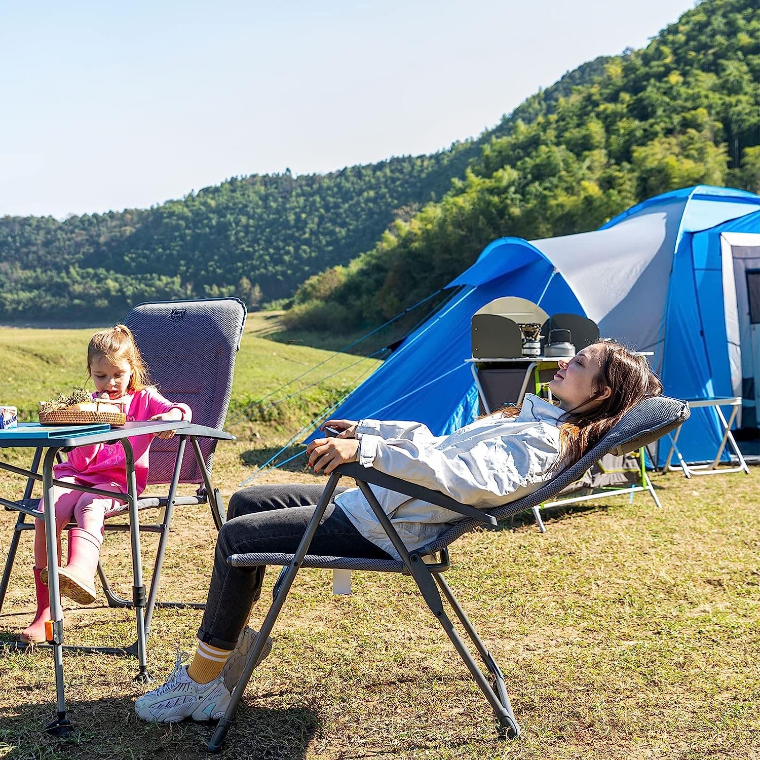 TIMBER RIDGE Campingstuhl Faltbar mit Hoher Lehne Klappstuhl Luxus Gepolsterter Balkonstuhl mit 7 Positionen, Verstellbarer Gartenstuhl für Camp, Garten, Balkon Belastbar 150 KG Grau 8