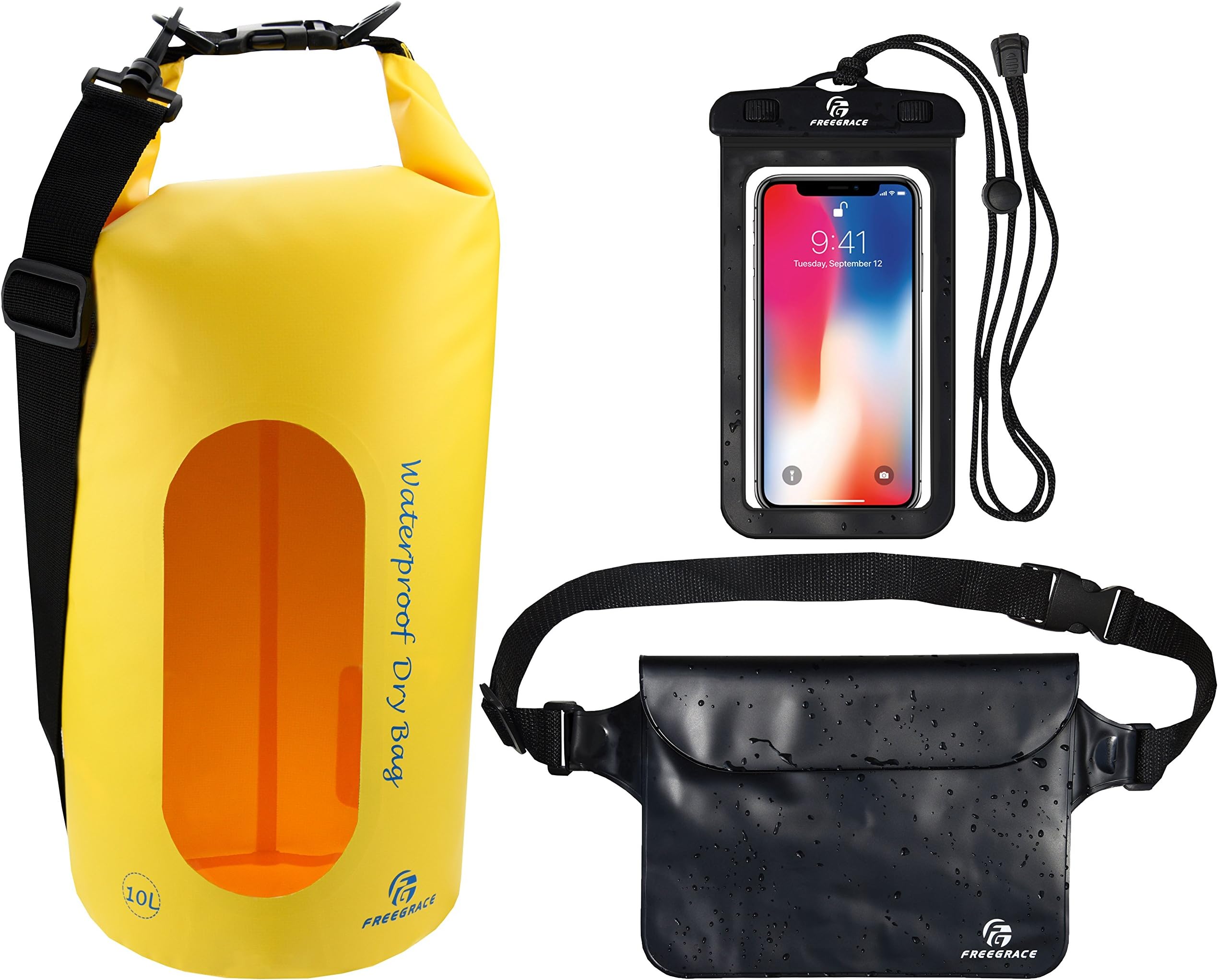 - Waterproof Dry Bags Set of 3 Dry Bag with 2 Zip Lock Seals & Detachable Shoulder Strap, Waist Pouch & Phone Case - Can Be Submerged Into Water - for Swimming (Yellow(Window), 10L)