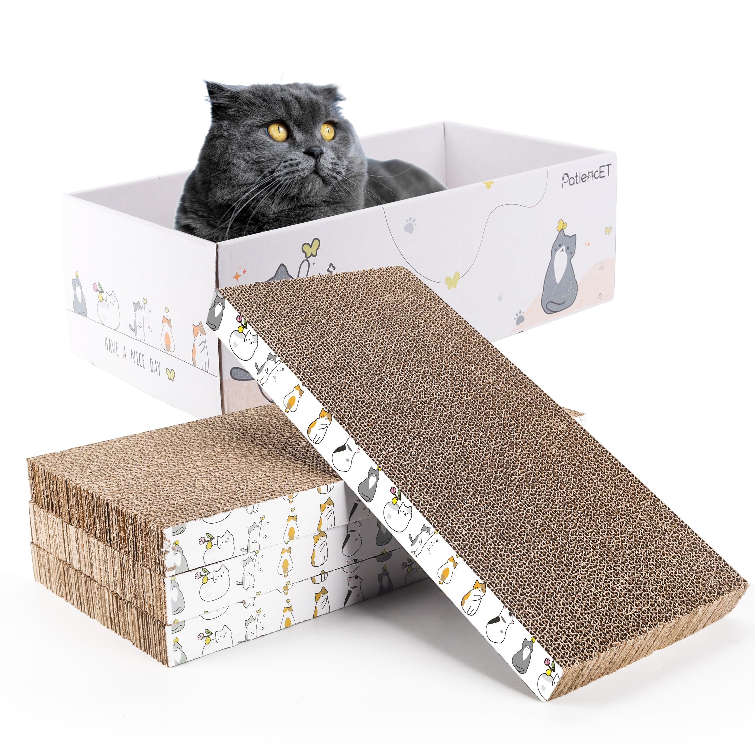 Photo 1 of PatiencET 4 Pack Cat Scratch Pad with Box, Cardboard Cat Scratcher for Indoor Cats, Reversible Scratcher with Catnips Box Bed Desigh for Small Medium Cat Kitten, Scratching Board for Cats