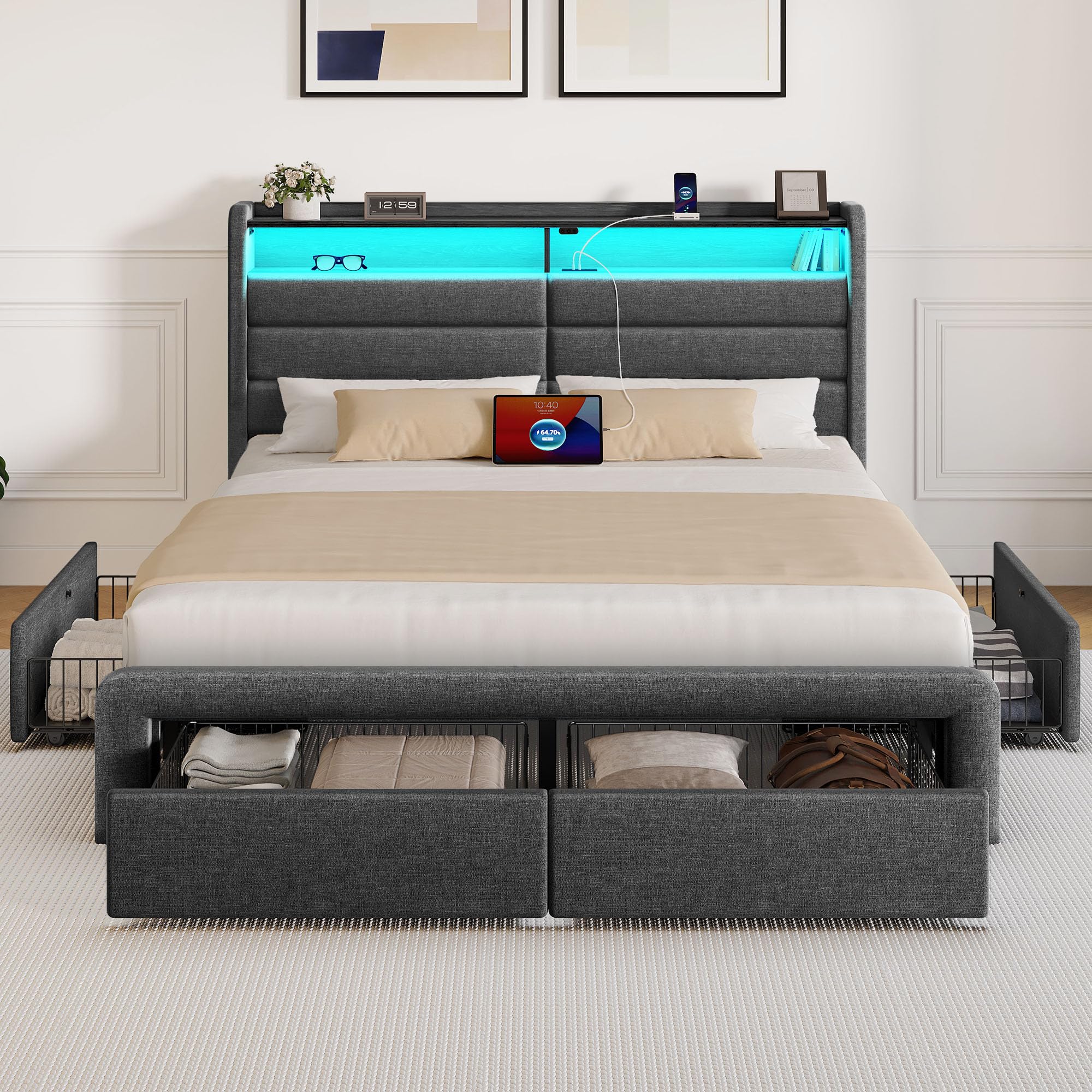 Seventable Queen Size Bed Frame with 4 Storage Drawers & Charging Station, Upholstered Platform Bed with Storage Headboard and LED Light, No Box Spring Needed, Noise Free, Easy Assembly, Dark Grey Image